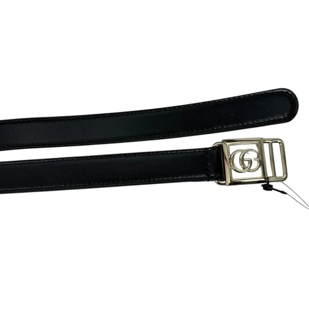 Gucci 20mm Leather Tie Belt Double GG Logo Black Silver Size 80/32